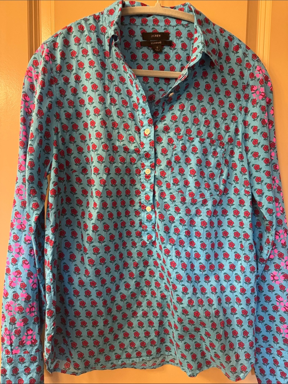J. Crew Turquoise Popover Shirt with Pink Rose Print